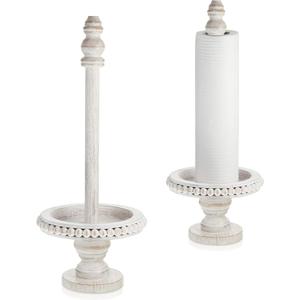 Farmhouse Paper Towel Holder Kitchen Countertop Wood Paper Towel Stand, Standing Paper Towel Dispenser Rack, White Washed Beaded Roll Paper Towel Stand and Non Woven Paper Towel for Kitchen Toilet