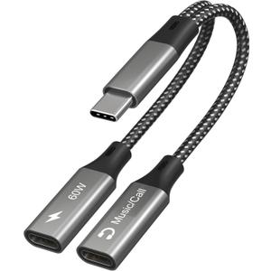 Dual USB-C Headphone and Charger Adapter - 1 in 2 out USB C Splitter with 60W Fast Charging and Audio Adapter for iPhone 16 15 iPad Huawei Galaxy PC, Type-C to Headphone Splitter for Call & Music