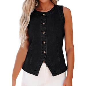 luvamia Denim Vest for Women Sleeveless Strechy Jean Vest Top Button Down Crewneck Casual Summer Western Waistcoat (Blue, S)