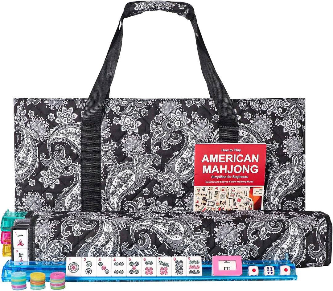 American Mahjong Game Set, 166 Quality White Tiles, 4 All-in-One Color Rack/Pushers, Complete Mahiong Tile Set Black Printed Carrying Bag