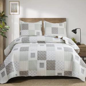 Ycosy Quilt Set King Size Floral Bedspread Coverlet Plaid Patchwork Quilt Bedding Morden Lightweight Bedspread Reversible Home Quilts Grey Floral Bed Cover Set White Beige Plaid Quilt (Grey White)