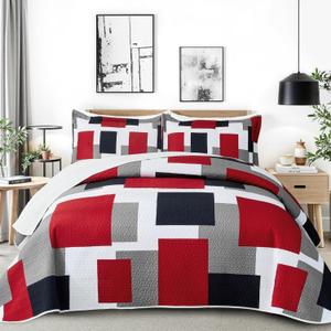 Tyrot 3 Piece Red Black Grey Quilt Set Full/Queen Size Red and White Geometric Reversible Bedding Set Microfiber Lightweight Bedspread Coverlet with 2 Shams Modern Bed Cover for All Season, 90''x96''
