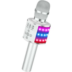 BONAOK Karaoke Microphone for Kids & Adults - Instrument Wireless Microphones Bluetooth Singing Mic with Disco Lights, Echo Effect, Built-in Speaker Portable for Party Travel Gifts Q78(Silver)