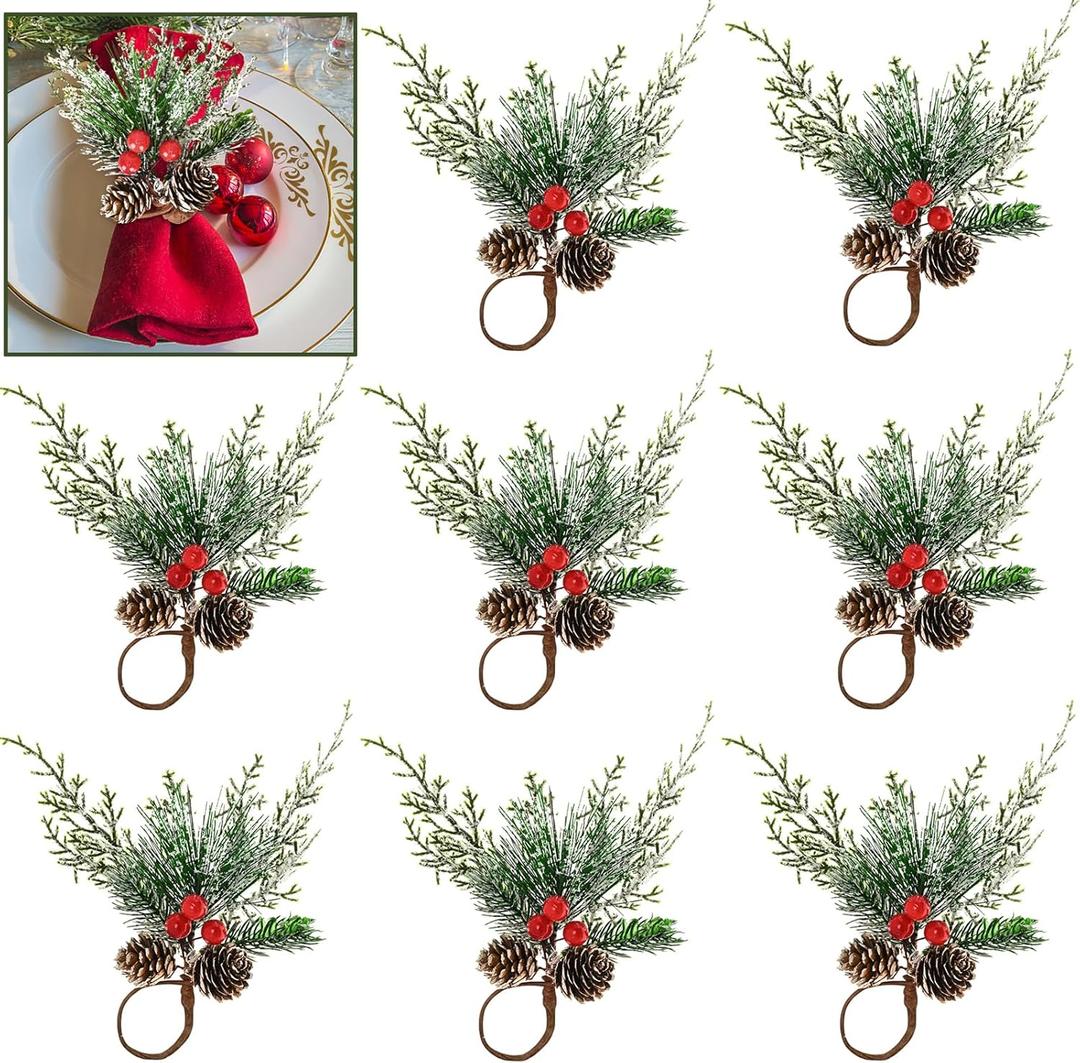 FRAMICS Christmas Napkin Rings Set of 8, Snowy Pine Cone Napkin Ring with Red Berry, Berry Napkin Holder Buckle for for Christmas Wedding Dinner Table Gathering Decor