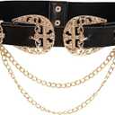 Verdusa Women's Double Buckle Chain Cowgirl Belts Leather Elastic Waist Belt (Black)