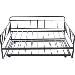 Amazon Basics Full Daybed and Twin Size Trundle Bed Frame Set, Space Saving Steel Slat Support, Black