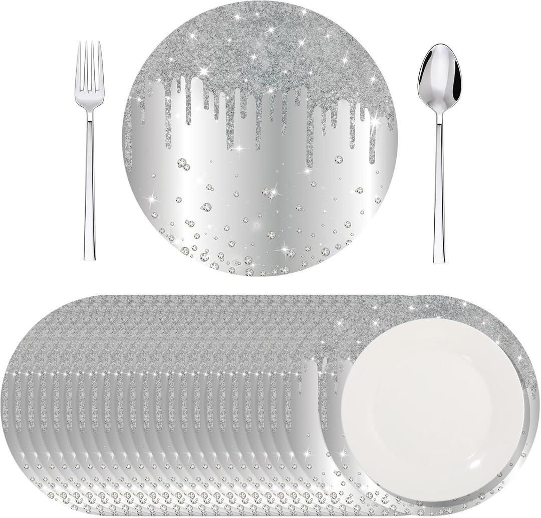 Dispowreath 120 Pieces Silver Paper Placemats 13 Inch Glitter Diamonds Round Disposable Table Mats Decorative Paper Mats for Dining Wedding Birthday Silver Glitter Banquet Party