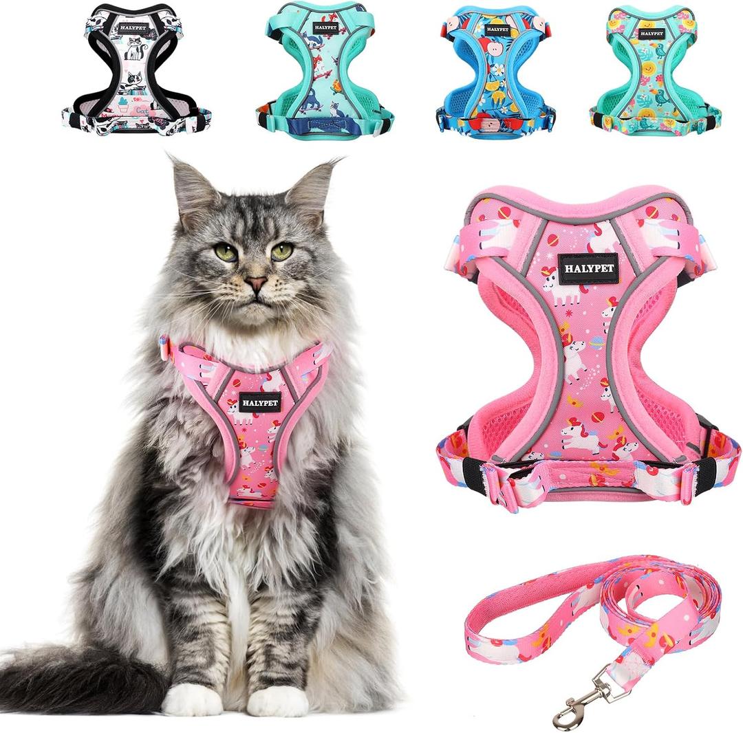 Halypet Cat Harness and Leash Set[MAX Safety 4th-Gen] Cute Escape Proof Vest Harness for Girl&Boy Cat Walking, Comfortable Adjustable Leash and Reflective Strips for Outdoor Kitten, M Pink Unicorn (Medium (13-18lb))