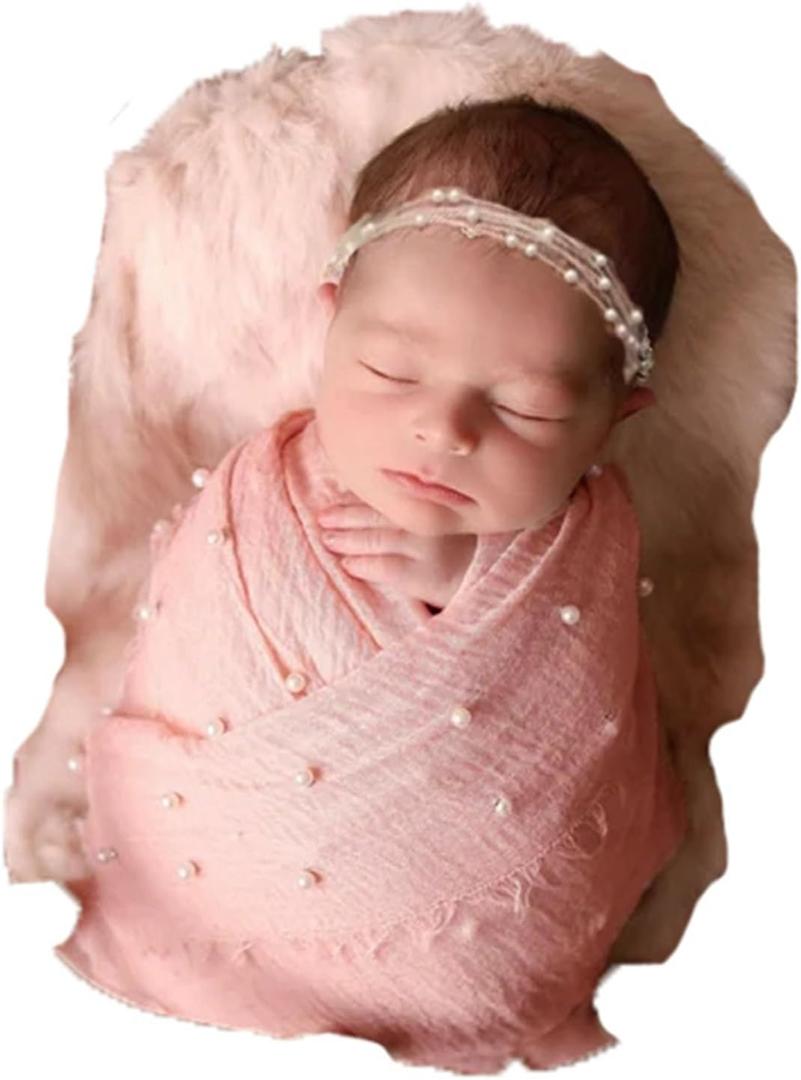 Newborn Photography Props Baby Photoshoots Pearl Wraps Girl Photo Posing Layers with Headband Accessories (Pink)