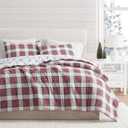Martha Stewart - Queen Bedding Comforter Sets, Wonderfully Plush & Naturally Soft Cotton Flannel Bedding w/Matching Pillowcases, 3 Piece Bed Sets (Yuletide Spruce Plaid/Holiday Ribbons Red)