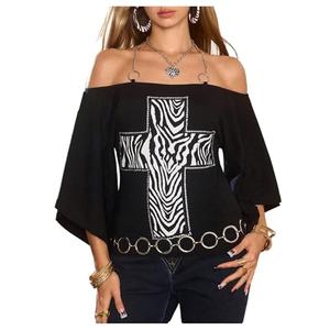 WDIRARA Women's Goth Cross Graphic T-Shirts Off Shoulder Tee Short Sleeve Grunge Punk Top Black Large