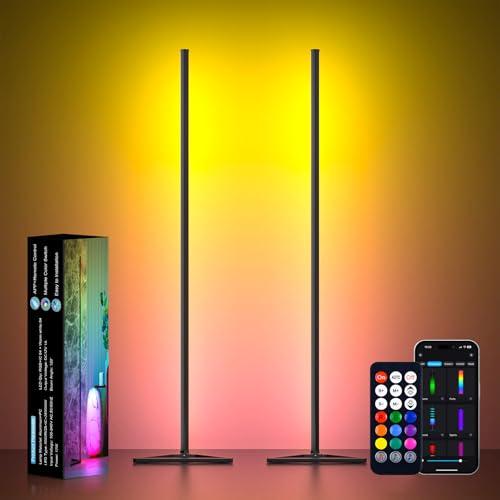 MIHEAL 2PCS Black Corner Floor Lamp, Synced Lights LED Control Floor Lamp RGB Light 56" Smart LED Corner Lamp App and Remote for Living Room Gaming Bedroom and Etc