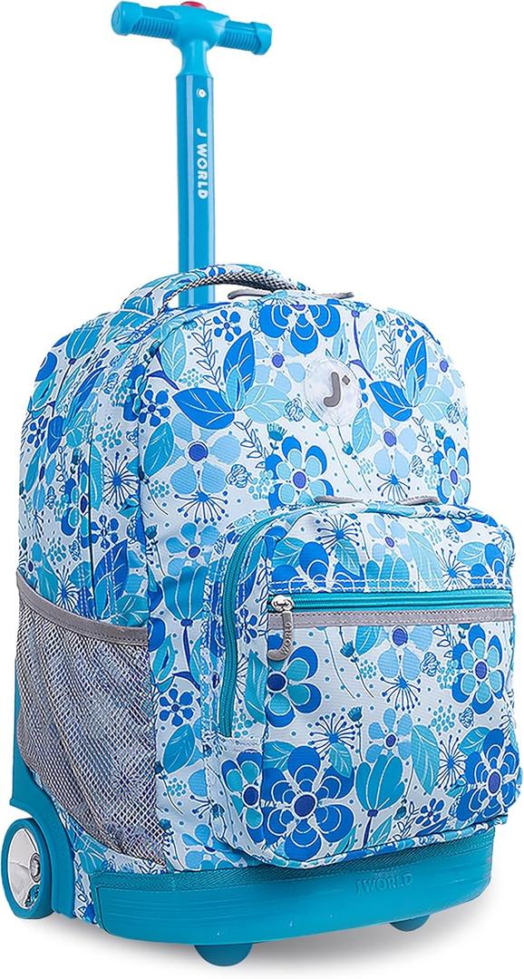 J World Sunrise Kids Rolling Backpack for Girls Boys. Roller Bookbag With Wheels For School, Blue Vine, 18"