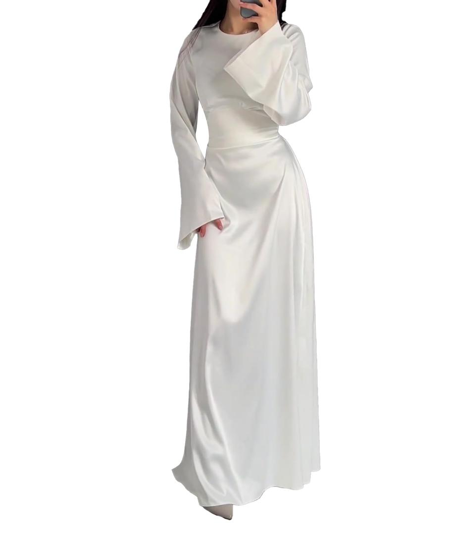 xxxiticat Women's Slip Satin Long Dress Long Sleeve Round Neck Back Lace Up Bandage Tie Wedding Party Maxi Dresses(WH,2XL) White