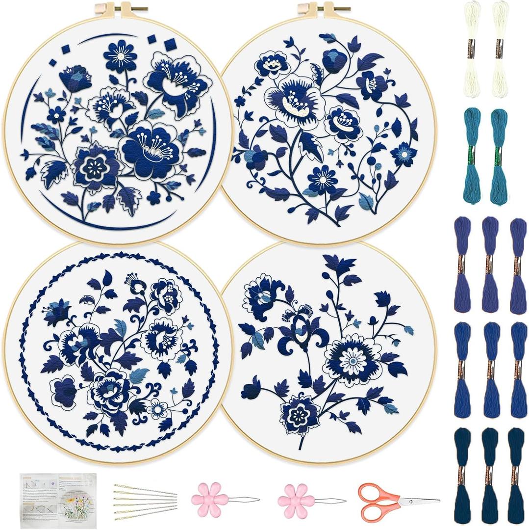 FREEBLOSS 4 Set 12'' Embroidery Kit for Beginners Indigo Flowers Border Pattern Embroidery Kit with Instructions Full Kit of Embroidery Cloth 2 Embroidery Hoops Indigo Blue Series Flosses