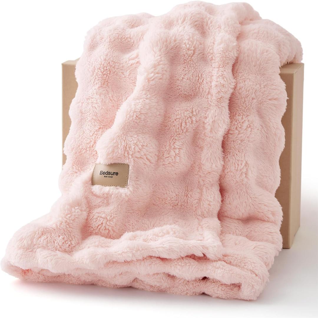 Bedsure 3D Fleece Bubble Blanket for Couch - Pink Throw Mothers Gifts Day Cute Blanket for Sofa Bed Room Decor - Luxury Soft Cozy Spring Birthday Gift for Women Girls, Lightweight, Light Pink, 50"60" (02 Crystal Pink)