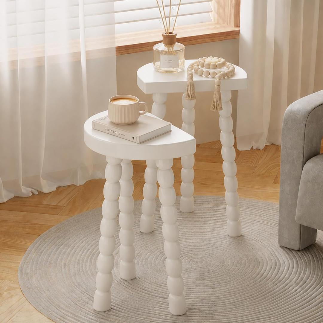 LitaEther Bobbin Side Table, Solid Wood Half Moon End Table, Small Wooden Accent Table with Chunky Turned Legs, Plant Stand for Living Room Bedroom Entryway, Modern Farmhouse Bedside Table, White, 11.8" x 7.9" x19.5"