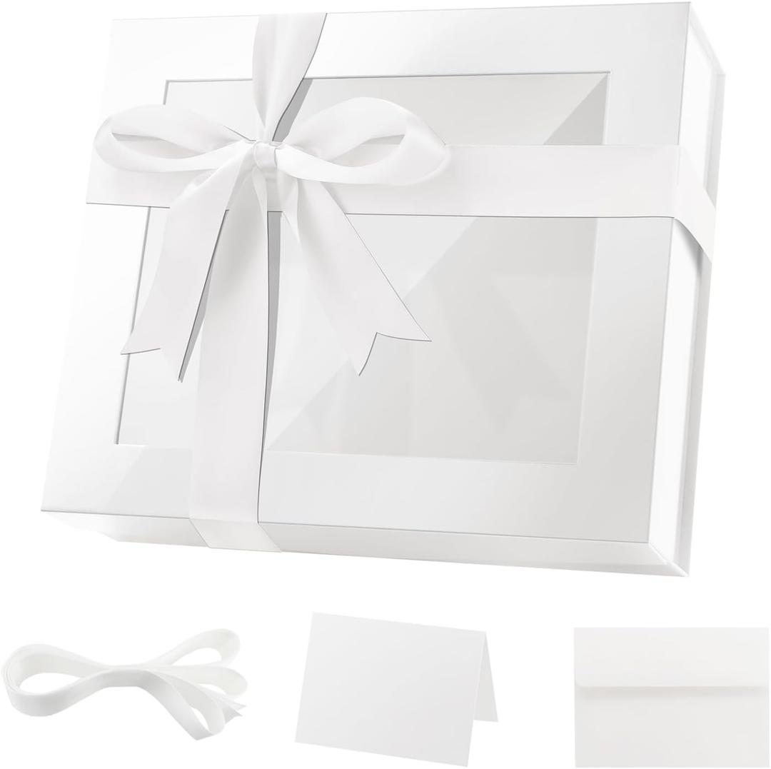 PACKQUEEN Extra Large White Valentine's Day Gift Box with Window, 16.3x14.2x5 Inches Clear Gift Box for Present Contains Ribbon, Card, Bridesmaid Proposal Box with Lid (Glossy White)