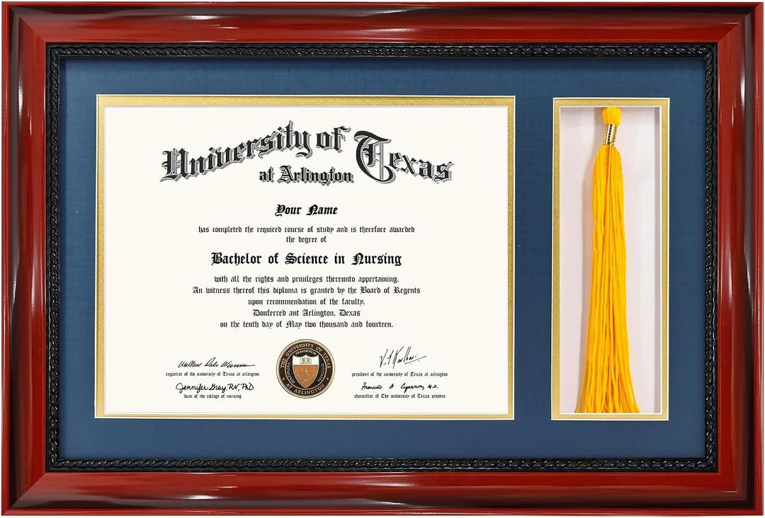 GMFrames Solid Wood Diploma Frame with Tassel Holder for 8.5x11 Certificate with Navy over Gold Mat,Cherry Finish with Intricate Black Rope Detail,UV Protection Acrylic, 11x17 for 8.5x11 with Tassel