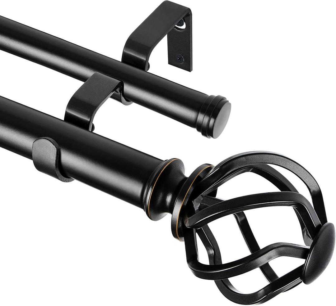 KAMANINA Black Double Curtain Rod 140 to 195 Inches (12-16 Feet), 1 Inch Curtain Rods for Windows 60 to 191, Heavy Duty Telescoping Drapery Rods with Twisted Cage Finials