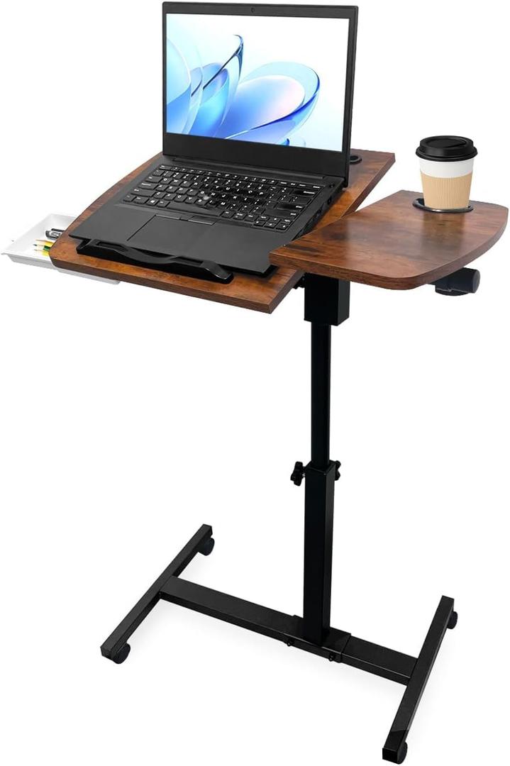 Medical Adjustable Overbed Bedside Table with 2 Tilting Desktops Teacher Podium Laptop Computer Cart Mobile Laptop Desk with Cup Holde,Drawer,Wheels for Office, Home and Classroom (Brown)