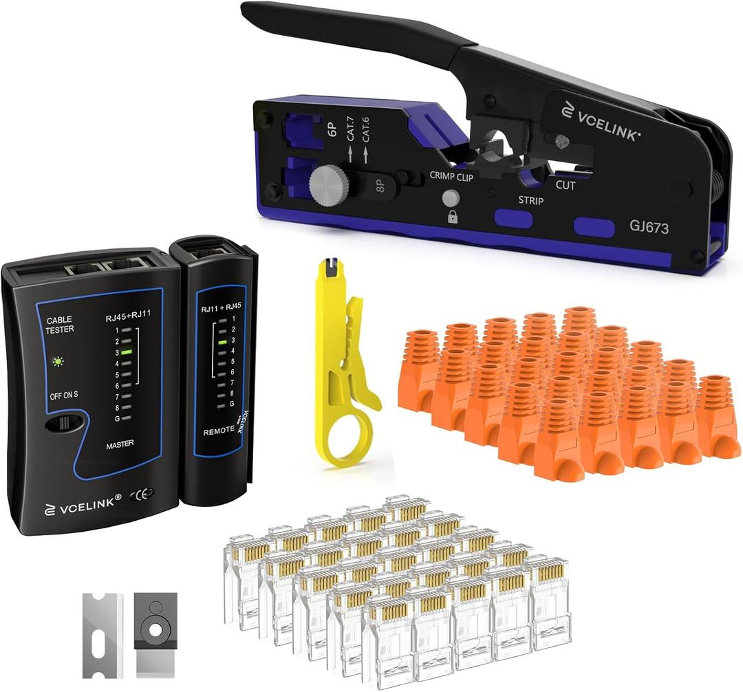 VCELINK RJ45 Crimp Tool Kit for CAT7/6A/6/5E/5, Upgraded Network Tool Set with an Ethernet Crimper, 25 RJ45 Connectors & Boots, Cable Tester, and Wire Stripper, Blue (No Cloth Bag Include)
