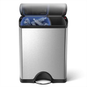 Simplehuman Rectangular Dual Compartment Recycling Kitchen Step Trash Can, 46 Liter, Brushed Stainless Steel