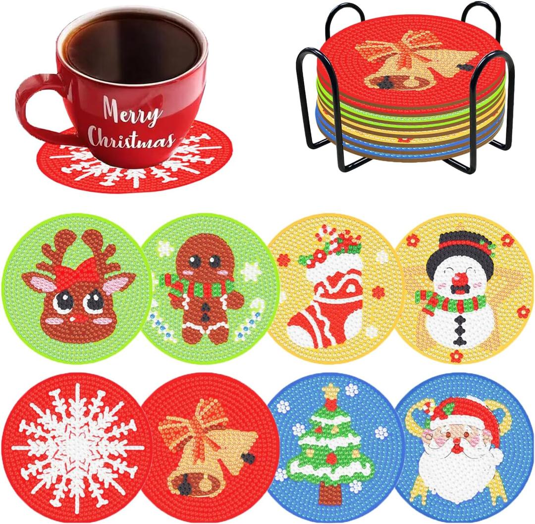 MaitianGuyou 8 PCS Christmas Diamond Painting Coasters,DIY Christmas Diamond Art Coaster Kit with Holder for Beginners Adults Craft Supplies Home Decoration