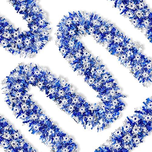 Palonu 50 Feet Hanukkah Decorations Tinsel Garland Glitter Twist Garland Metallic Menorah Ornaments Blue Metallic Streamers with Silver Star, Indoor Outdoor Chanukah Decorations Home Party Supplies