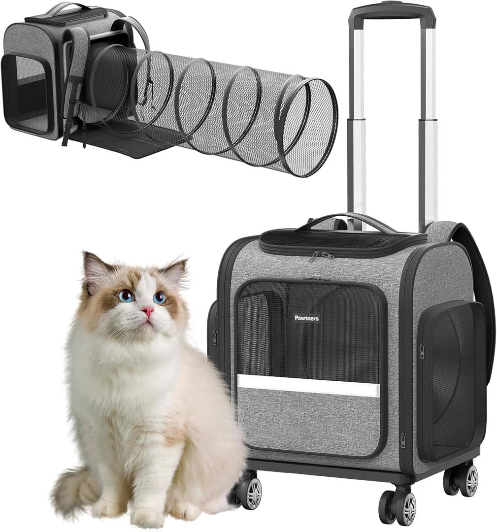 Rolling Cat Carrier with Wheels: Dog Carrier for Small Dogs & Large Cats, Expandable Pet Carrier on Wheels with Cat Play Tunnel, Large Capacity, Breathable Mesh, Side Pocket, Grey (Grey with wheels)