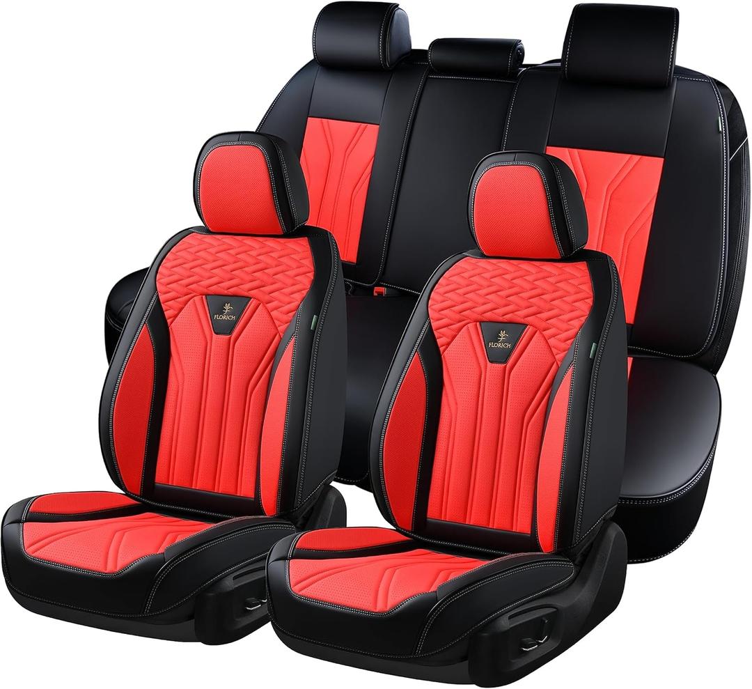 FLORICH Leather Seat Covers, Seat Covers Full Set, Car Seat Protectors 5 Seats,Automotive Seat Covers Fit for Most Cars Trucks-Black&Red (FullSet)