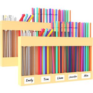 2 Pack 9.5 Large Acrylic Straw Holder for Cabinet Door with Detachable Ultra Sticky Adhesive Squares and Stickers, 2026 Reusable Straws Organizer Storage Dispenser for Kitchen Counter Cupboard