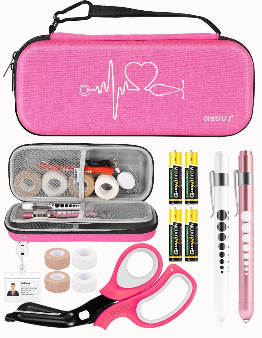 MEUUT 15 pcs Stethoscope Case Kit, Perfect Nurse Gift Include Stethoscope Case, Medical Scissors, Penlights with Batteries, Bandage Wraps, Badge Holders for Nurse Accessories for Work (Raspberry)