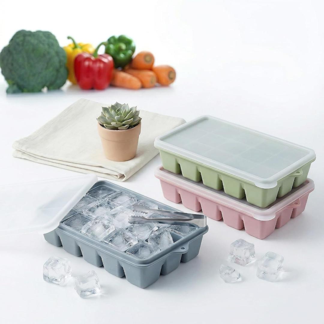 Silicone Ice Cube Trays 3 Pack, 25ml Large Ice Molds, Easy Release with Sealed Lids, BPA Free, for Freezer, Ideal for Cocktail, Whiskey, Iced Coffee & Gatherings (Blue+Pink+Green)