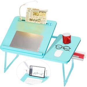 CloudTrip Plus XL Adjustable Laptop Desk with Light, USB Port, iPad Holder, Drawer Storage - Larger 23.6IN Adjustable Lap Desk for Bed, Home Office, Breakfast Tray, Fordable Legs Desk Blue