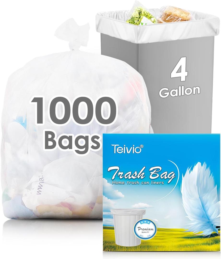 4 Gallon 1000 Counts Strong Trash Bag Garbage Bags by Teivio, Bathroom Trash Can Bin Liners, Small Plastic Bags for home office kitchen (Clear)