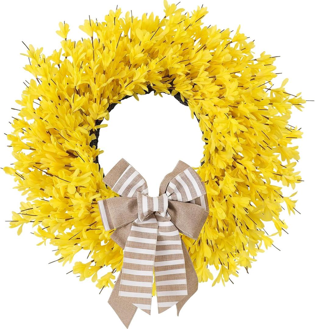 26 Inch Spring Wreaths for Front Door Large Forsythia Floral Summer Door Wreath Outdoor All Season Wild Wreath for Easter Valentines Home Living Room Porch Yard Window Farmhouse Decor (Yellow)
