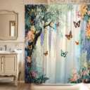 Floral Butterfly Shower Curtain Rustic Purple Weeping Wisteria Blossom Watercolor Flower Green Leaves Spring Garden Nature Scenery Bathroom Decor Polyester Curtains with Hooks,70Wx70L