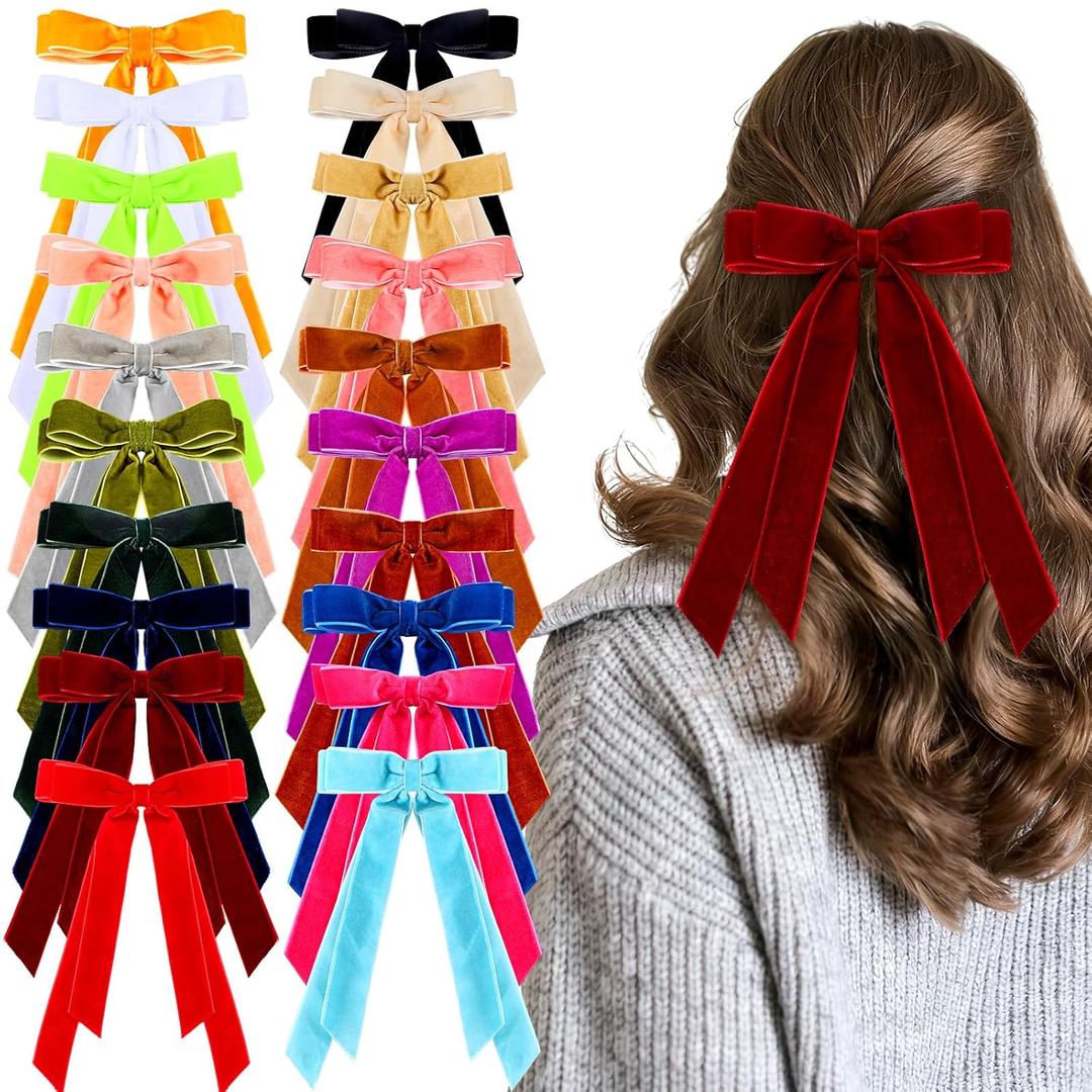 20 Pcs Velvet Hair Bow Bulk Multicolor Ribbon Hair Clips Winter Velvet Hairs Accessories with Long Tails Bowknot Barrette Clips Ponytail Holder for Xmas New Years Valentine Gifts