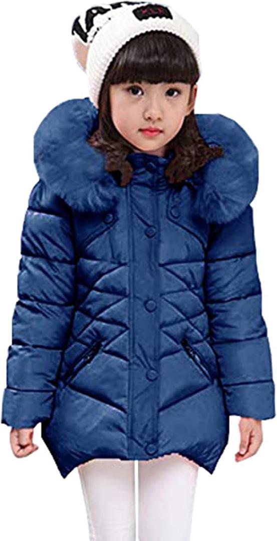 Miss Bei Girls' Puffer Down Coat Winter Fur Jacket Parka Down Coat Kids with Fur Hood (9-10 Years, Pure Navy Blue)