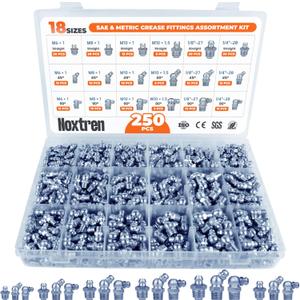 250PCS Grease Fittings Assortment, 18 Essential Sizes SAE & Metric Zerk Grease Fittings Kit Includes UNF NPT 1/4" 1/8" M6 M8 M10, Straight 45 90 Degree for Grease Guns