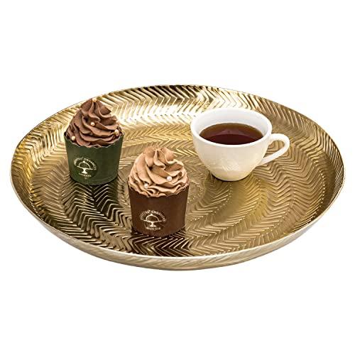 MyGift 13 Inch Round Deluxe Modern Etched Design Brass Tone Metal Serving Tray, Decorative Centerpiece Platter Display for Dining and Coffee Table - Made in India