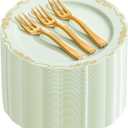 LIYH 100 Pcs Light Green Gold Plastic Dessert Plates with 100 Pcs Gold Dessert Plates, Disposable Sage Green Salad Plates, Includes: 100 Appetizer Plate 7.5" & 100 Golden Cake Forks 5"