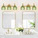 Bathroom Light Fixtures (3-Light, 20 in), Brushed Gold Vanity Lights for Bathroom with Ribbed Green Tulip Glass Shade, Vintage Vanity Wall Lights for Mirror Bedroom Living Room Hallway