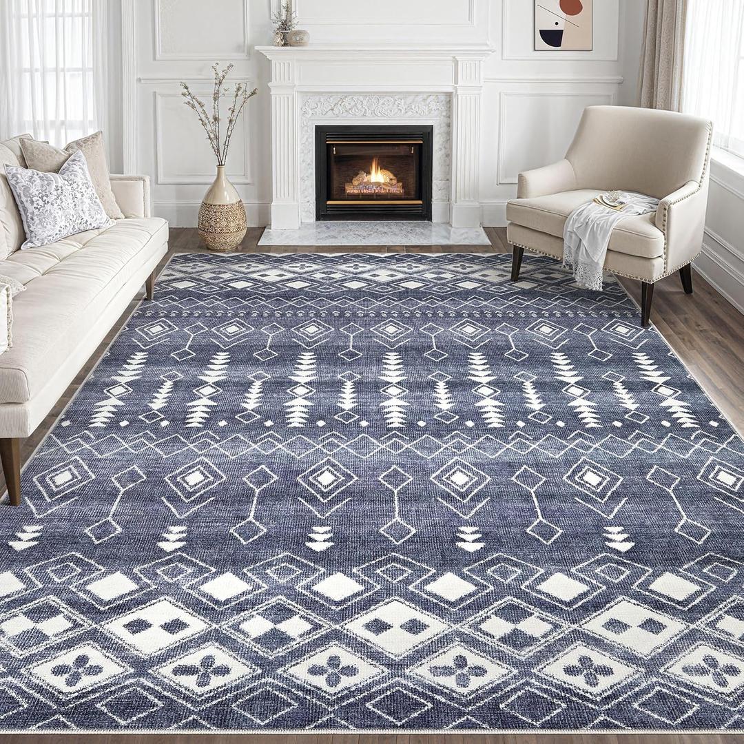 Tortania Area Rug Living Room Rugs - 10x14 Washable Large Soft Neutral Boho Moroccan Bohemian Farmhouse Rug Indoor Floor Carpet for Bedroom Under Dining Table Home Office Decor - DenimBlue (10' x 14')