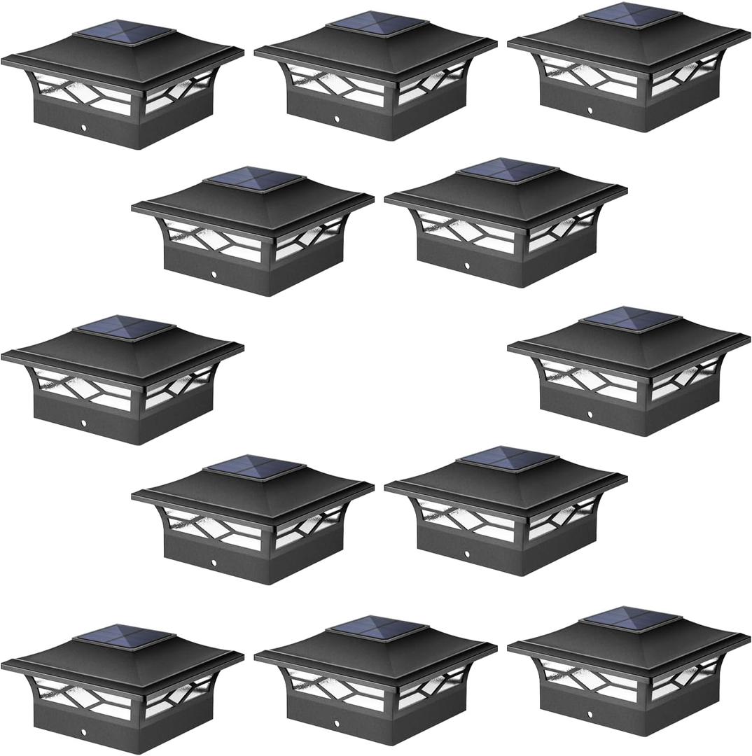 JOFIOS Solar Post Cap Lights Outdoor 12pack, Waterproof Solar Powered Deck Fence Post Lights for 4x4 Wood/Vinyl Posts, Solar Outdoor LED Light with Cool/Warm Lighting Decorate Garden Patio Porch (Black)