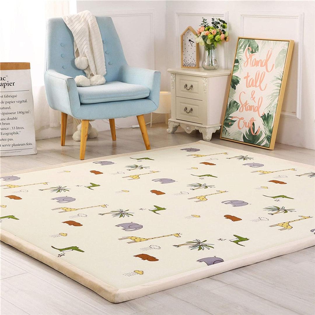 Loartee Kids Play Area Rug - 1.2" Soft & Thick Coral Velvet Nursery Rug, Crawling Mat for Toddler, Jungle Animals Play Mat, Non-Toxic & Anti-Skid, Light Yellow, Size:5.0'x6'6"(About 150x200cm)