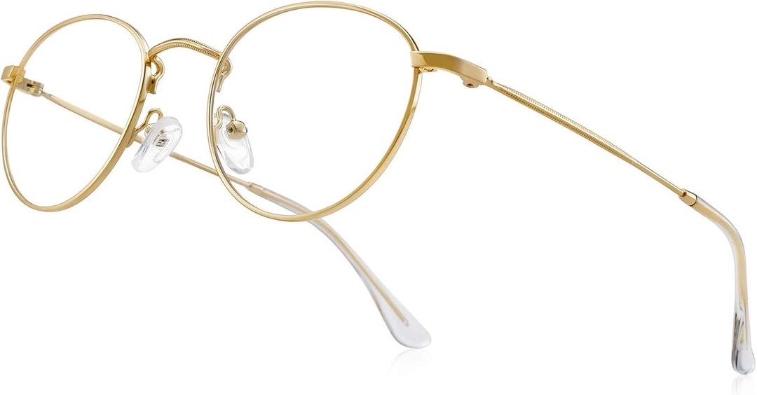 Small Metal Round Reading Glasses for Women Men Classic Vintage Retro Shades Blue Light Blocking Computer Readers (Gold)