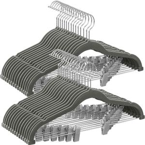 SONGMICS 30 Pack Pants Hangers, 16.7 Inches Long Velvet Trousers Hangers with Adjustable Clips, Heavy-Duty, Non-Slip, Space-Saving for Pants, Skirts, Coats, Dresses, Tank Tops, Gray UCRF12V30