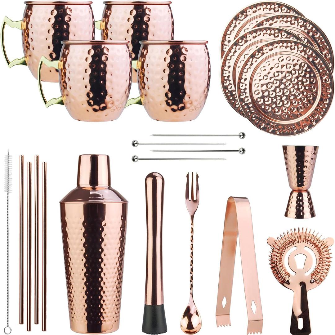 Moscow Mule Barware Set - 23pc - Copper Plated Stainless Steel - Professional Bar Tools for Drink Mixing, Home, Bar, Party (Copper-23 Pcs)